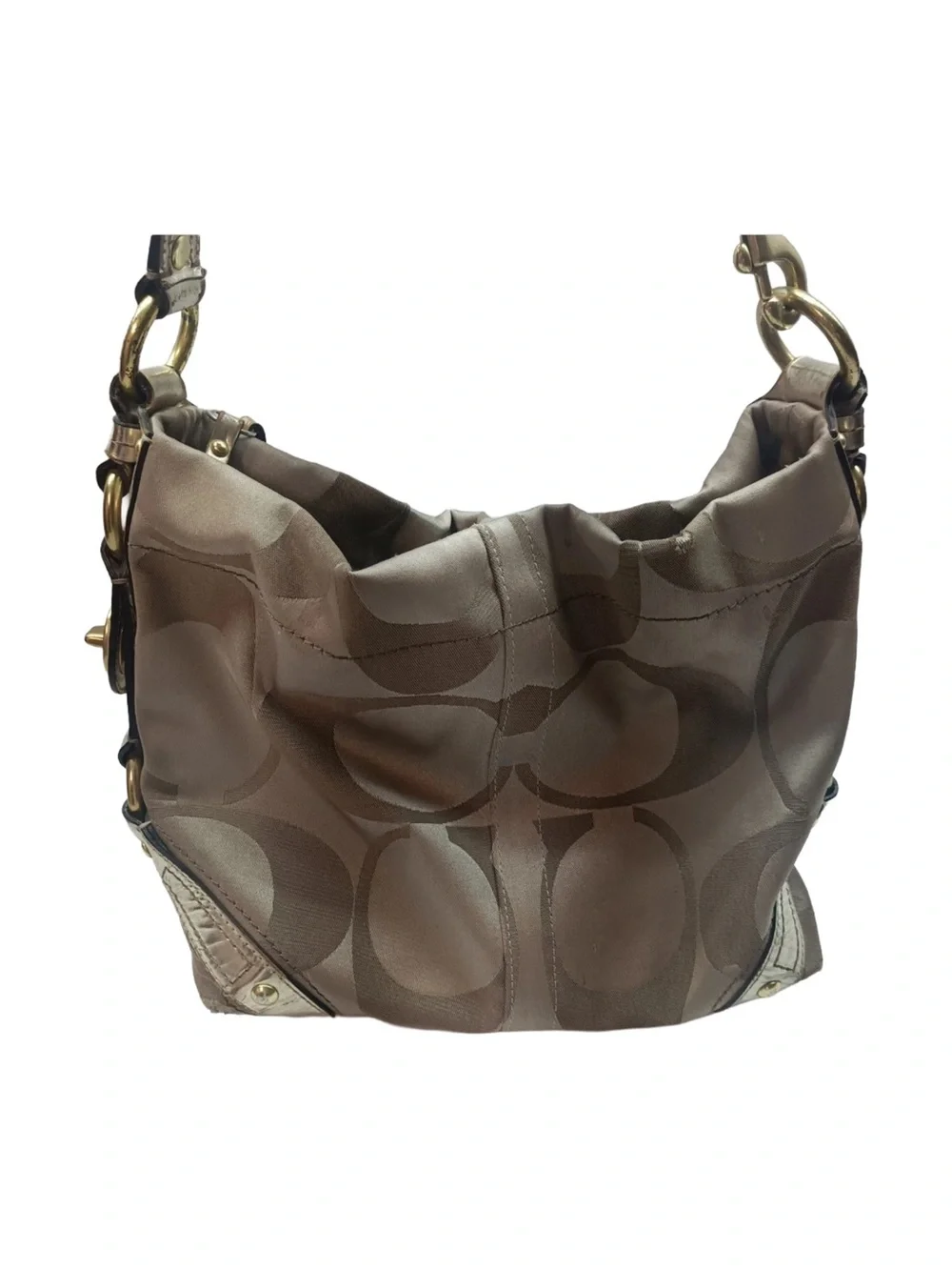 Coach Carly Signature metallic Canvas Shoulder Bag in tan/brown